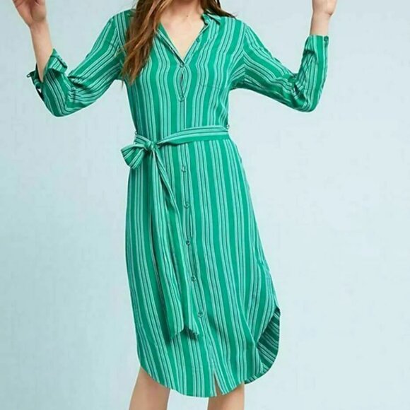Anthropologie Belted Shirt Dress 0 Green Striped Long Sleeve Midi Lightweight - Picture 1 of 8